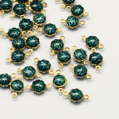 #ad Enamel Charms Gold Teal Brass 2 Hole Glitter Findings 11mm Connector Links 4pcs $4.99