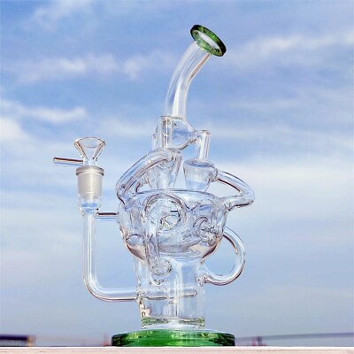 #ad 11 Inch Green Mass Tubes Recycler Glass Bong Water Pipe Hookah 14MM $68.99