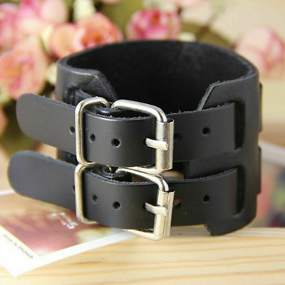 #ad Adjustable Genuine Leather Bracelet Punk Wide Wrist Belt Wrap Men Cuff Wristband $6.89