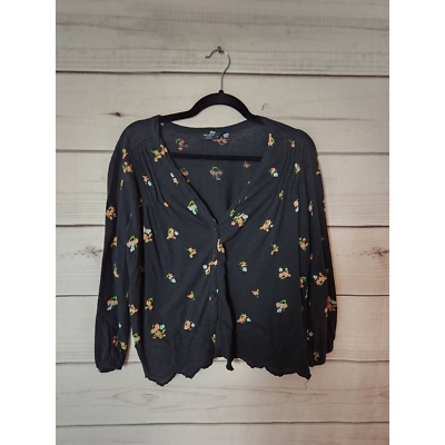 #ad Lucky Brand Womens Button Up Shirt Black Floral Long Sleeve V Neck Embroidered M $25.20