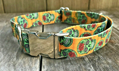 #ad 1 inch Sugar Skulls Day of the Dead Adjustable Dog Collar with Metal Buckle USA $20.00