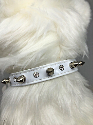 #ad Dog Collar with Crystal Spike 10 12quot; Neck Mirage White Faux Leather Made In USA $6.00