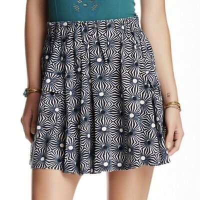 #ad Free People Sunburst Kaleidoscope Geometric White Navy Blue Pleated Mini Skirt M $29.87