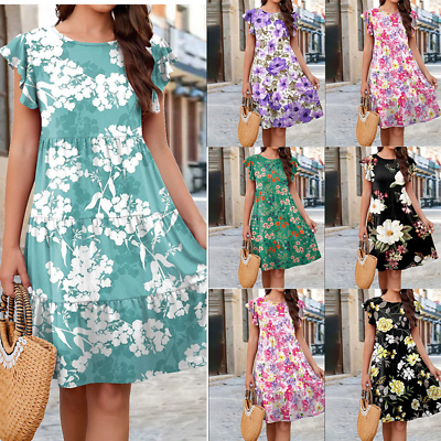 #ad Women#x27;s Dress Summer Round Neck Knitted Print Cake Flying Sleeve Casual Dress $36.32