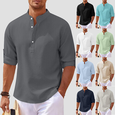 #ad Mens Ribbed Solid Long Sleeve Shirts Casual Button Tops Pullover T Shirt Blouse $26.99