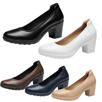 #ad Women Round Toe Slip On Dress Pumps Low Block Chunky Heel Office Work Pump Shoes $28.99