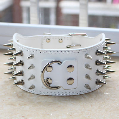 #ad 3quot; Wide WHITE Leather Spiked Dog Collars Large Dog Pitbull Bully Boxer Terrier $18.99