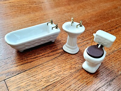 #ad VTG Doll House Miniatures Ceramic Bath Set Tub Pedestal Sink Pull Chain Toilet $18.00