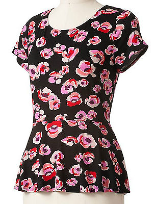#ad Elle Misses Black Pink Rose Floral Peplum Knit Top Cap Sleeves $24.99