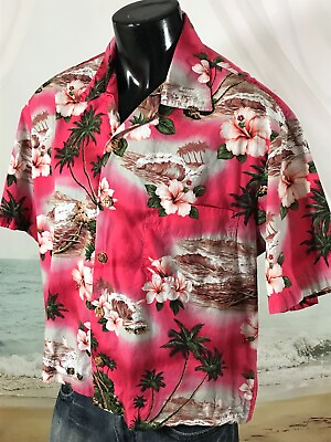 #ad Vintage PARADISE On A HANGER Cropped Hawaiian SHIRT Sz L Floral Pink Womens Girl $19.00