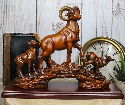 #ad Rustic Country Bighorn Sheep Ram With Lambs On Rock Faux Mahogany Wood Figurine $39.99