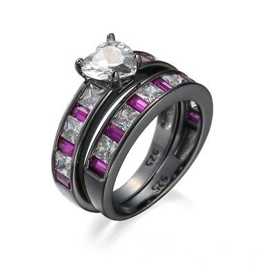 #ad Women#x27;s AAA CZ Black Double Rings Set Wedding Engagement Girl Jewlery Size 6 10 C $4.33