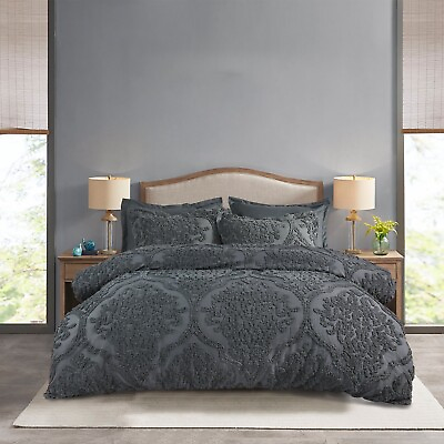 #ad HIG 7 Pieces Boho Modern Tufted Comforter Set Vintage Damask Bed in a Bag White $72.99