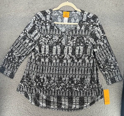#ad Rudy Rd. Women Top Size M Grey Exotic Print Blouse 3 4 Sleeve Keyhole Neck New $9.80