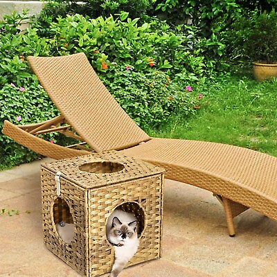 #ad Mewoofun Cat House Bed Wicker Cat Bed Large Capacity Detachable Design Beige $33.99