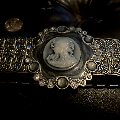 #ad Large Antique Cameo Belt Buckle Flexible Belt Silver Engraved Porcelain Cameo $99.00