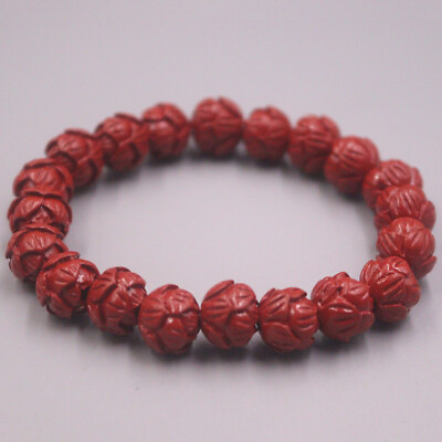 #ad Natural Cinnabar Lotus Bracelet Women Men 10mm Vermilion Red Beaded Link 6 7inch $11.30