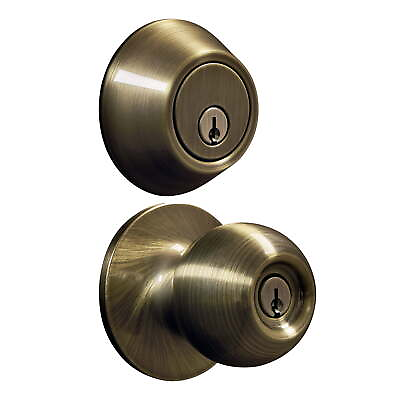 #ad Keyed Entry Antique Brass Ball Doorknob and Deadbolt Combo Pack $20.67
