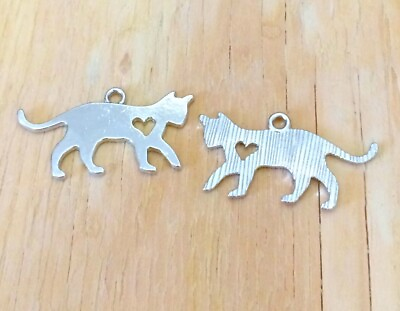 #ad #ad 16 Cat Charms for jewelry making NEW kitty heart silvery shows front and back $3.95