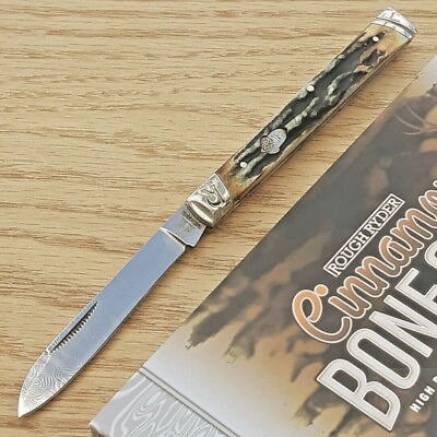 #ad Rough Ryder Doctors Folding Knife Damascus Steel Spear Blade Stag Bone Handle $21.29