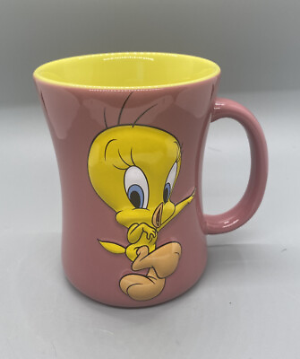 #ad Tweety Bird Looney Tunes Raised 3D Mauve Pink w Yellow Interior Coffee Mug Cup $12.90