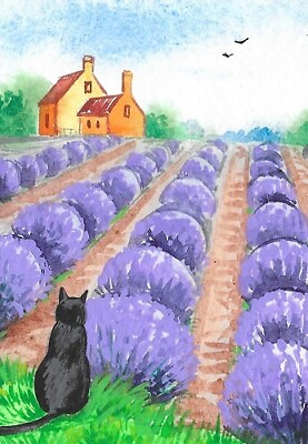 #ad ACEO PRINT OF PAINTING RYTA LAVENDER FIELD BLACK CAT FARM Folk Art Flowers 🌸 $7.49