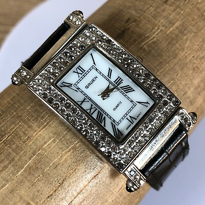 #ad New Vintage Gruen Quartz Watch w Crystal Enhanced Bezel:GR8927L Reversible BAND $11.56
