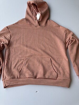 #ad Womens Pink Waffle Knit Hoodie kangaroo pocket Cozy Size L $28.38