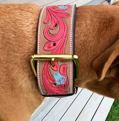 #ad Dog Collar Carved amp; Painted with Large Brass FittingsHeavy Duty for Strong Dogs $50.00