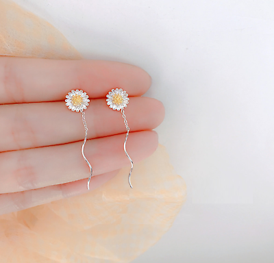 #ad Tassel Silver Flower Daisy Chrysanthemum Long Chain Thread Dangle Drop Earrings $8.99