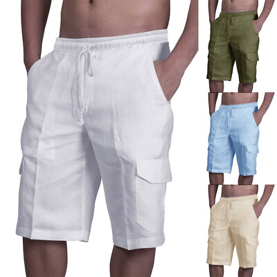 #ad Mens Cotton Linen Shorts Summer Beach Casual Drawstring Chino Loose Short Pants $17.48