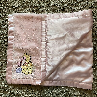 #ad Disney Pink Winnie the Pooh Piglet Baby Blanket Satin Trim Back Plush Security $69.95