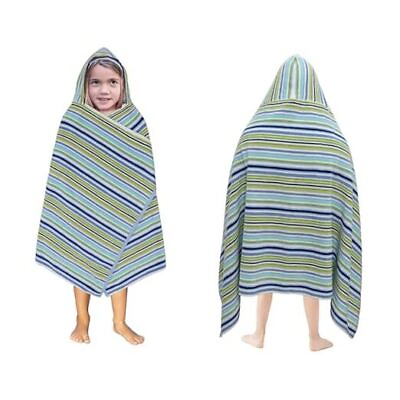 #ad Hooded Bath Towel Wrap 100% Cotton Terry Large Oversized Stripes Blue Multi $40.49