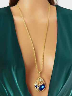 #ad women pendant necklace gold Blue Rhinestone $15.00