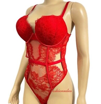 #ad Victorias Secret Sexy Bombshell Push Up Adds 2 Cups Lace Teddy Bodysuit Red New $40.93