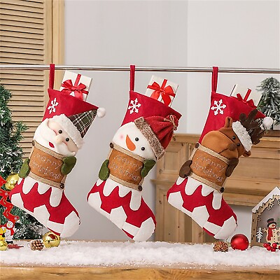 #ad Christmas Stocking Big Xmas Stockings Decoration Santa Snowman Reindeer $10.39