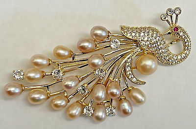#ad Pink Pearl Peacock Bird Crystal Glass Rhinestone Brooch Pin Gold Tone Vintage $29.99