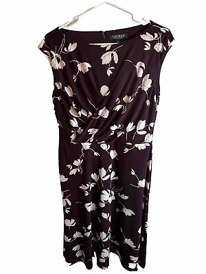 #ad Ralph Lauren Green Label Dress Maroon Floral Women 10 Long BelowKnee Zip Stretch $29.99