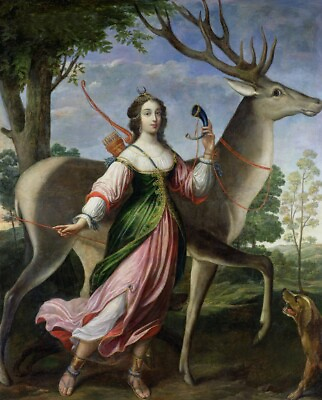 Oil painting Hunting Diana with deer dog Hound in forest no framed24×36inch $64.59