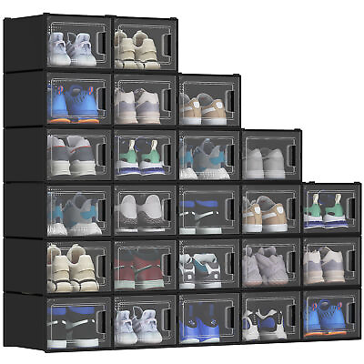 #ad TAUS 12 18 20 24 PCS Shoe Storage Box Clear Stackable Shoe Container XL Black $95.99