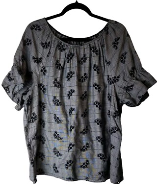 #ad Ann Taylor Shirt Women Size XXL Black Plaid Short Ruffle Sleeve Round Neck Top $22.88