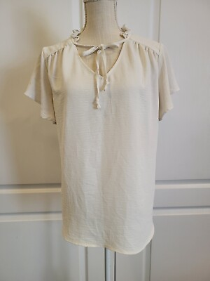 #ad Como Blu Peasant Blouse Plus Size 2X Shirt Short Cap Sleeve White Top Keyhole $17.99