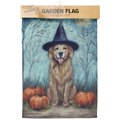 #ad Primitives by Kathy Halloween Garden Flag Witch Dog Fall Yard Golden Retriever $11.95