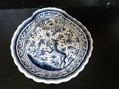 small blue white hand painted Portugal dish w deer dog shell shape plate bowl $18.21