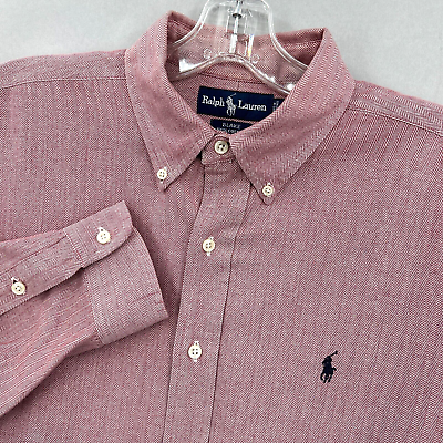 #ad Ralph Lauren Polo Shirt Mens Large Button Up Pink Herringbone Blake Vintage 90s $33.74