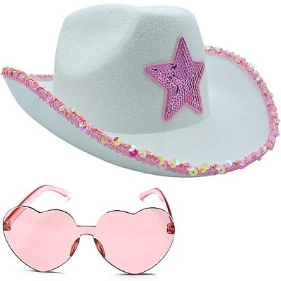 #ad Cowboy Hat with Heart Sunglasses Felt White amp; Pink Cowgirl Hat with 1 Pack $28.33