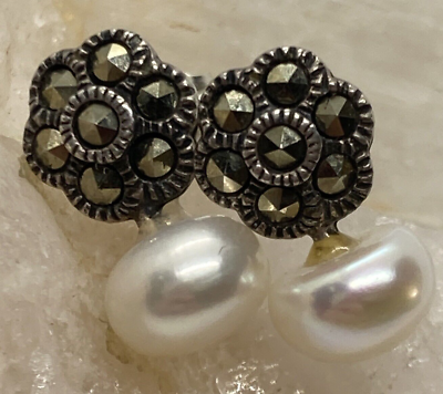 #ad Vintage White Button Pearl amp; Marcasite Drop Earrings Sterling 925 Silver 1.9g $16.54