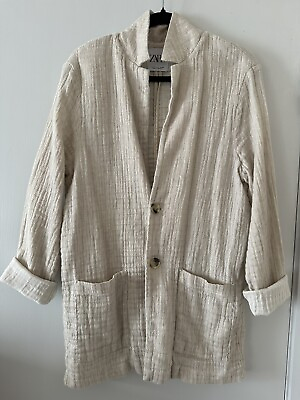 #ad ZARA Womens sz M off white line cotton crinkle soft jacket blazer $31.99