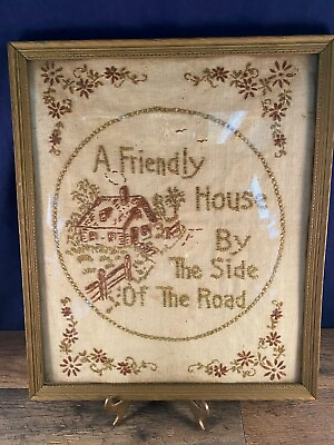 #ad Friendly House Side of Road Antique Sampler Framed 11quot;W x 12.75quot;H $64.95