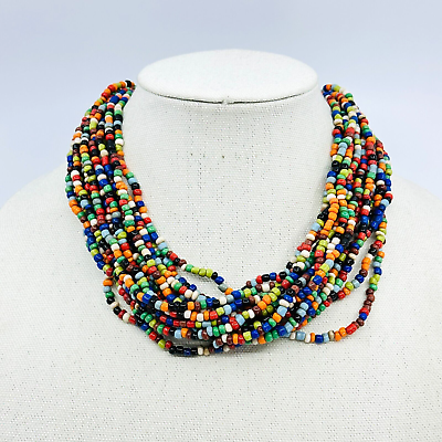 #ad Womens Seed Bead Necklace Chunky Multi Strand Orange Blue Green Colorful 14quot; $19.51